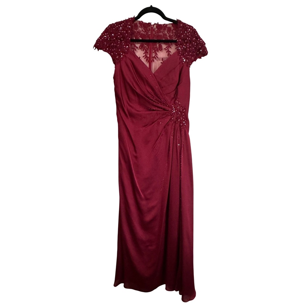 Jade Couture Burgundy Sequin Lace Cap‎ Sleeve Ruched Gown Dress 12 Wedding
